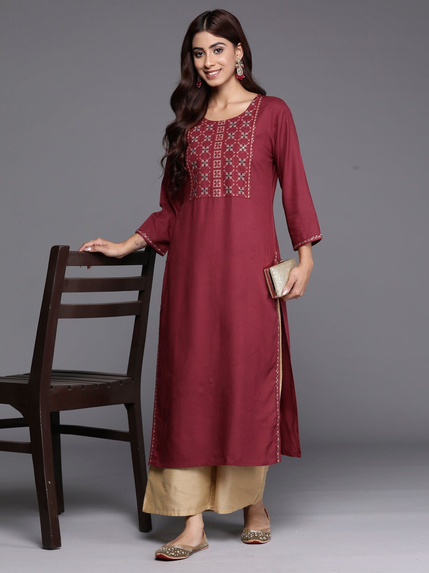 Indo Era Burgundy Embroidered Straight Kurta
