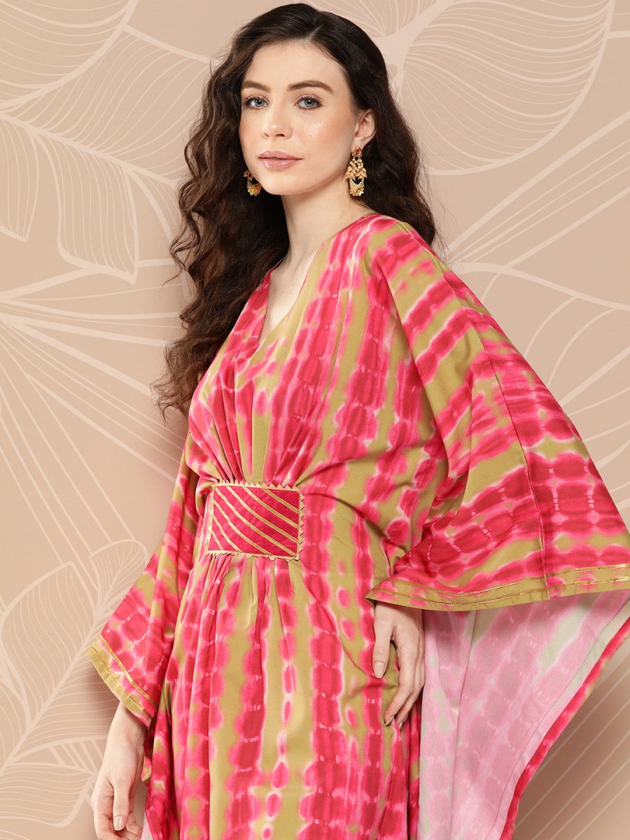 Ahalyaa Women Printed Flared Sleeves Gotta Patti Belted Detail Crepe Kaftan Kurta