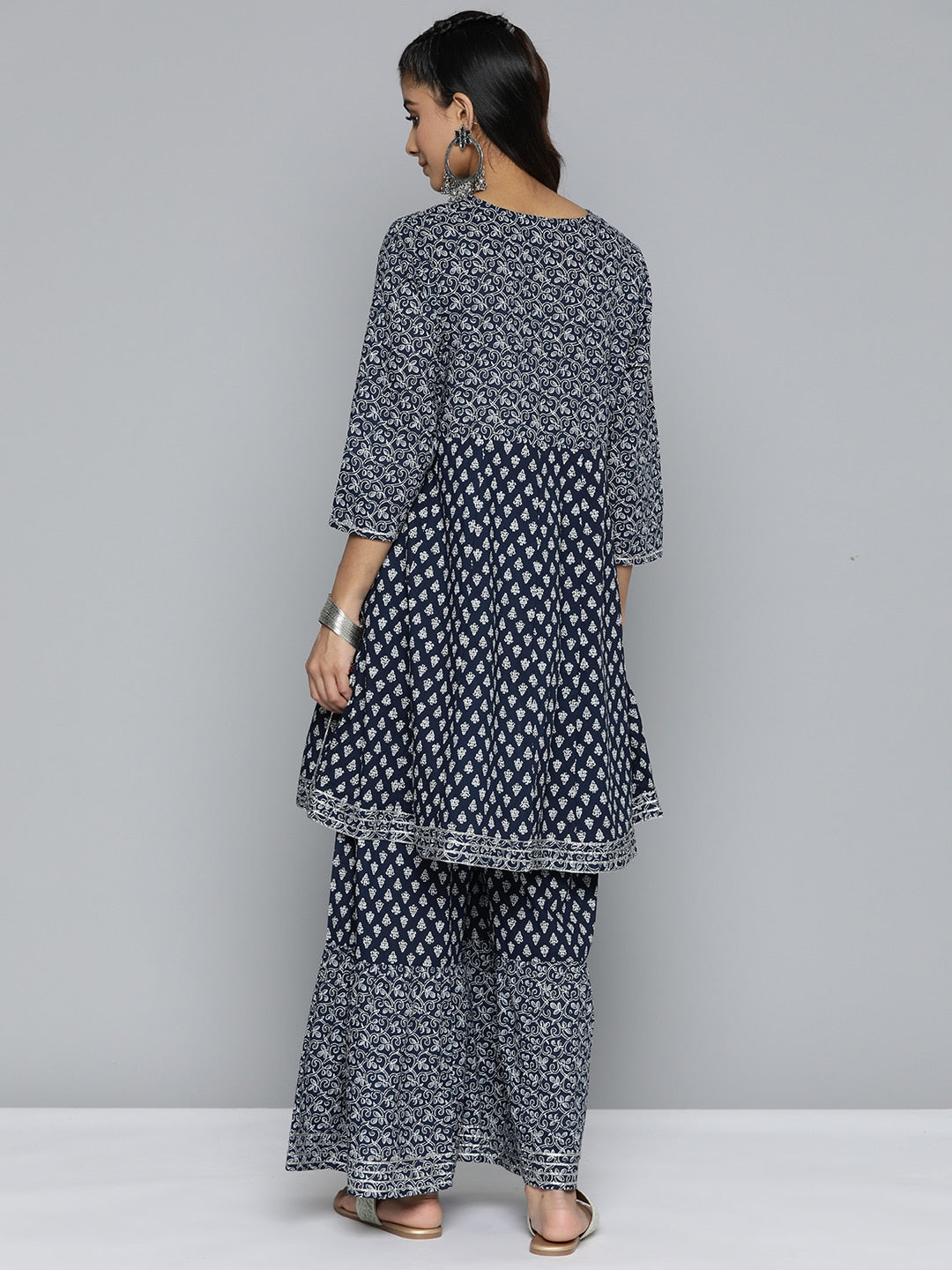 HERE&NOW Ethnic Motifs Printed Layered Gotta Patti Pure Cotton Kurta with Sharara