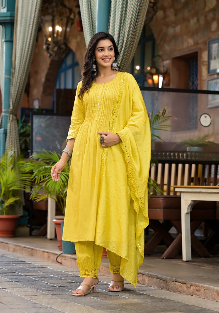 Juniper Women's Yellow Mirror Embroidered Liva Rayon Kurta Pant And Dupatta Set With Lace & Button Detail