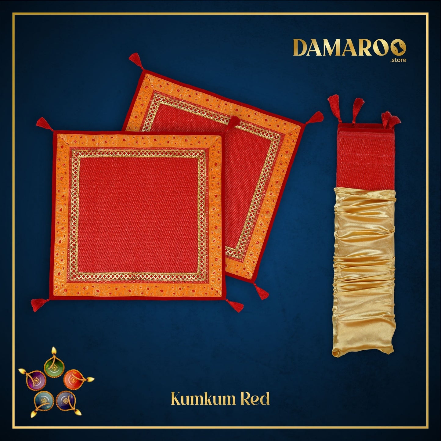 Damaroo Set of 2 | 2x2 ft | Pristine Nylon Pooja Aasan Set | Kesariya Banarasi Trim & Tassels - Kumkum Red