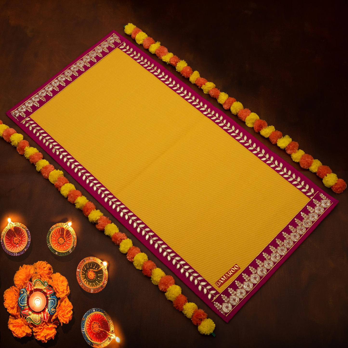 Damaroo 2x4 ft | Regal Nylon Pooja Mat | Pink Sequins & Gotapatti Border - Mango Yellow