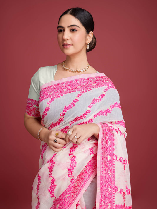 Vedant Vastram Dhakai Jamdani Cotton Saree - Pink