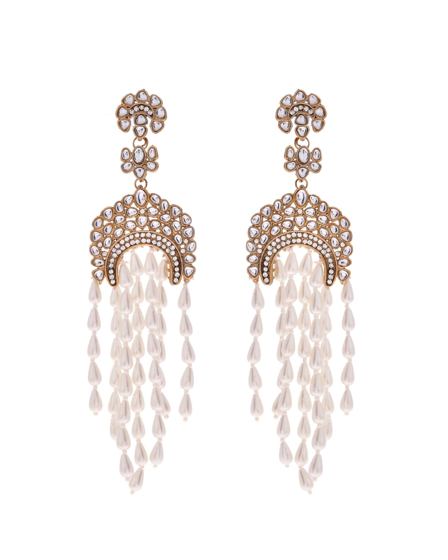 VOJ Kundan Studded White Pearl Long Drop Earrings