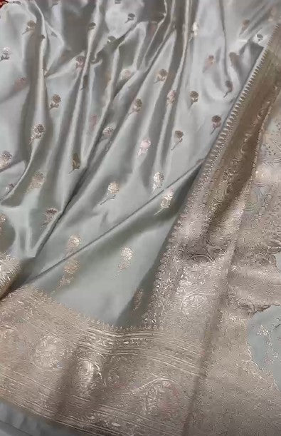 Designer Pure Mashru Silver Zari Satin Silk light Grey Saree
