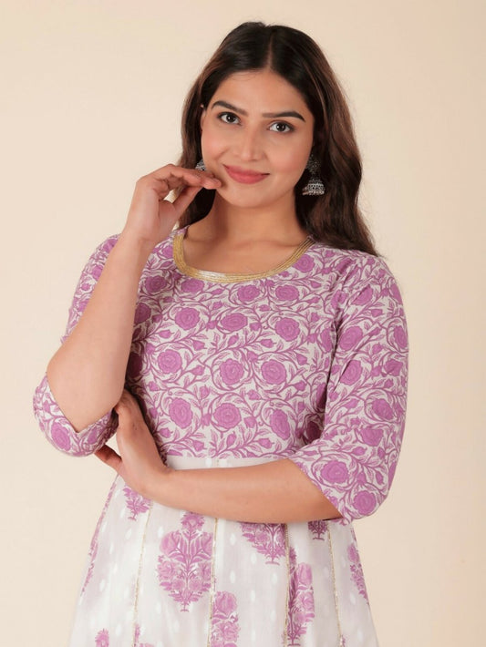 Aramya Anarkali Soft Cotton Floral Print Women's Kurta Set - White