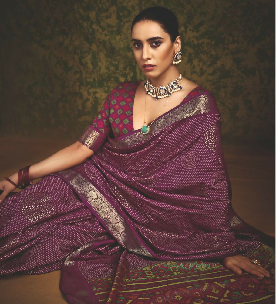 Joban Fashion Maroon Velvet Tussar Silk with Foil Print Saree