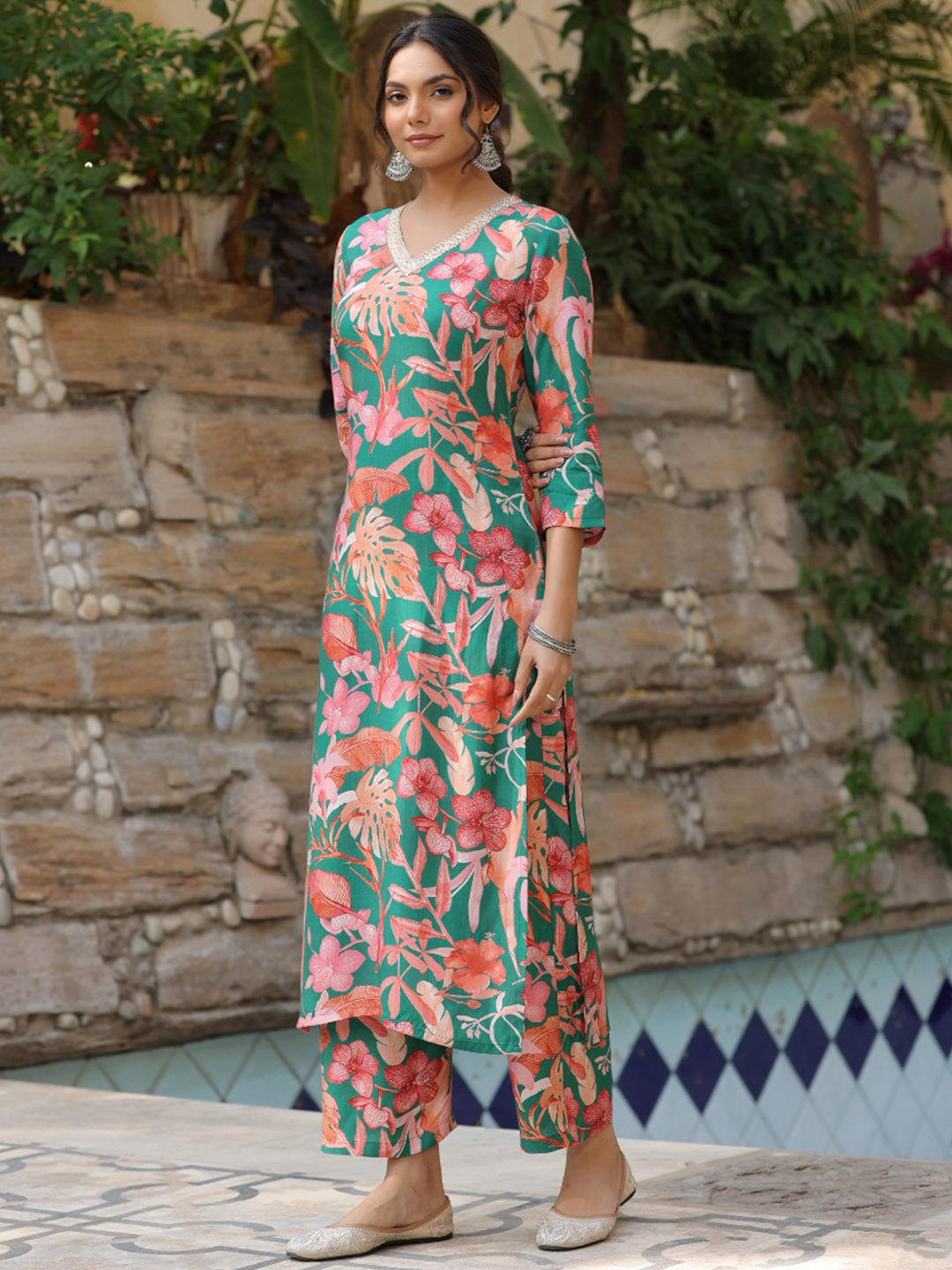 Kalini Floral Printed V-Neck Straight Kurta With Palazzos