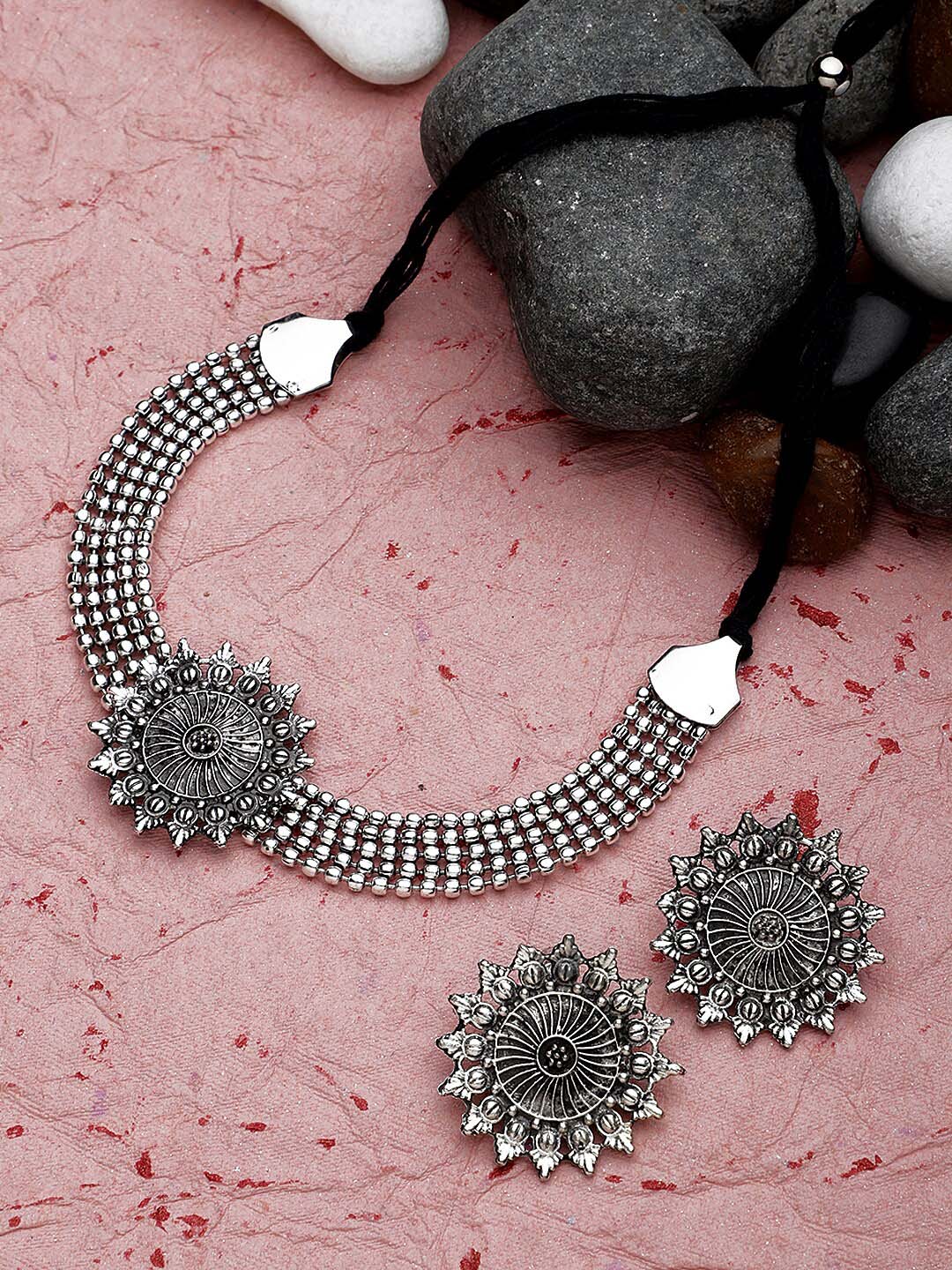 Cardinal Silver-Toned Black Oxidized Choker Necklace Set