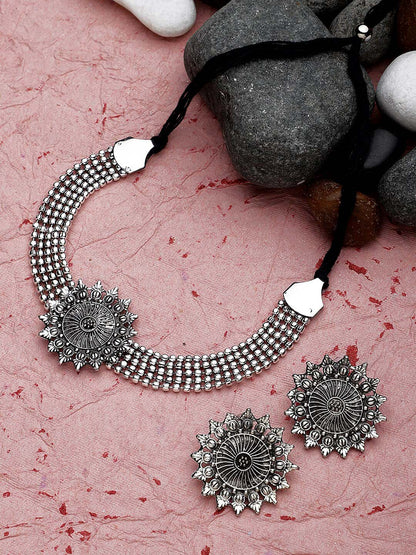 Cardinal Silver-Toned Black Oxidized Choker Necklace Set