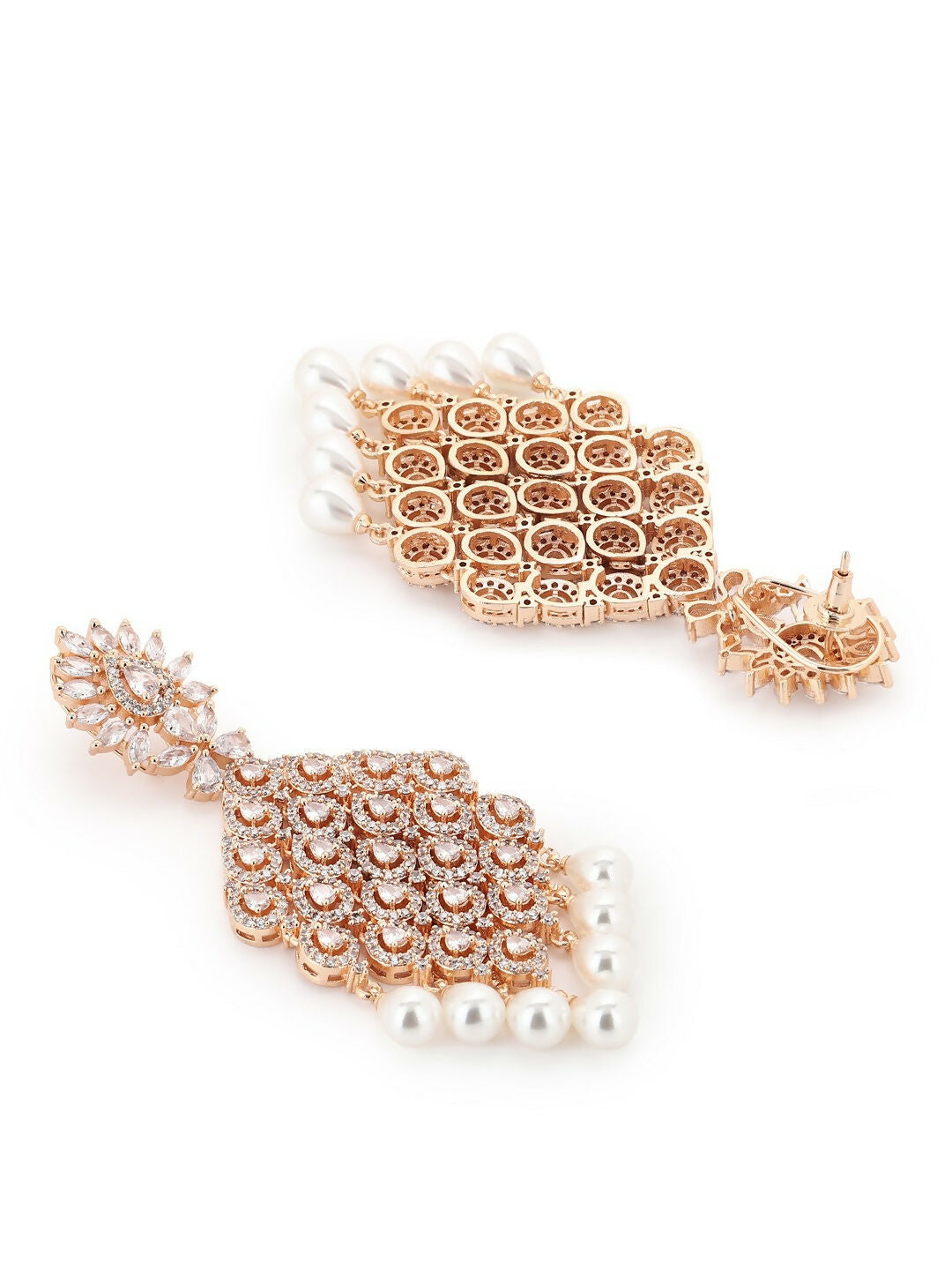 Rose Gold Long Earrings with Pearl Drops- Ruby Raang