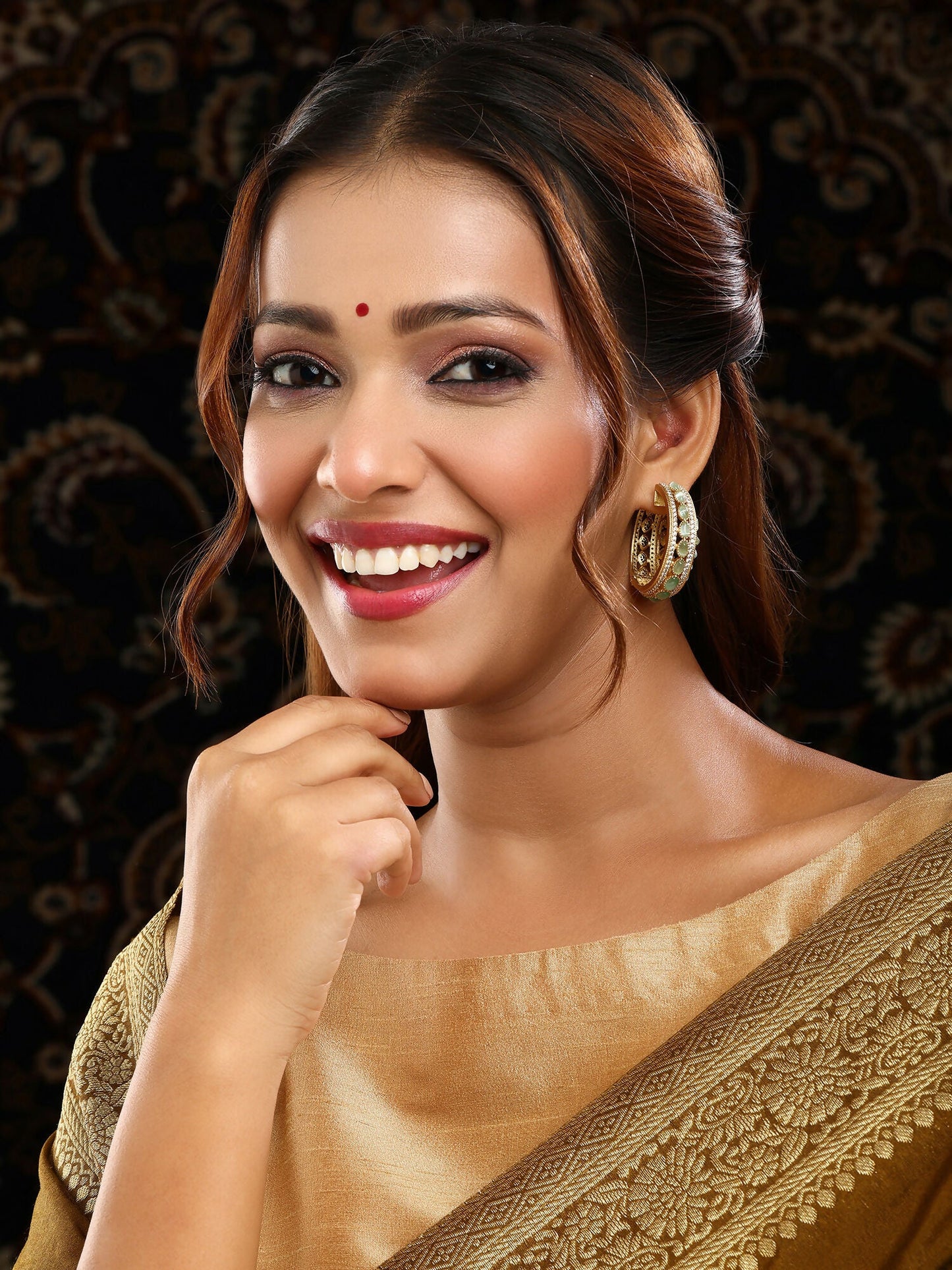 Ruby Raang Gold Polished Green Round Kundan Loops