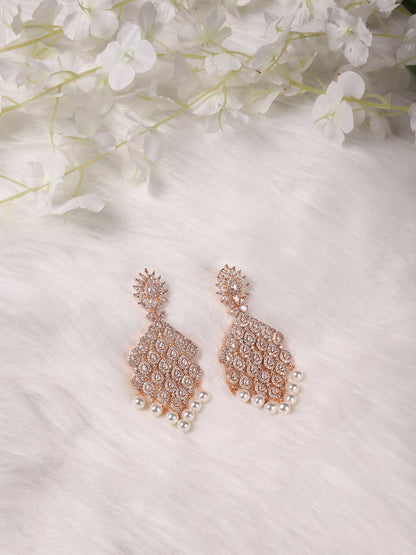 Rose Gold Long Earrings with Pearl Drops- Ruby Raang