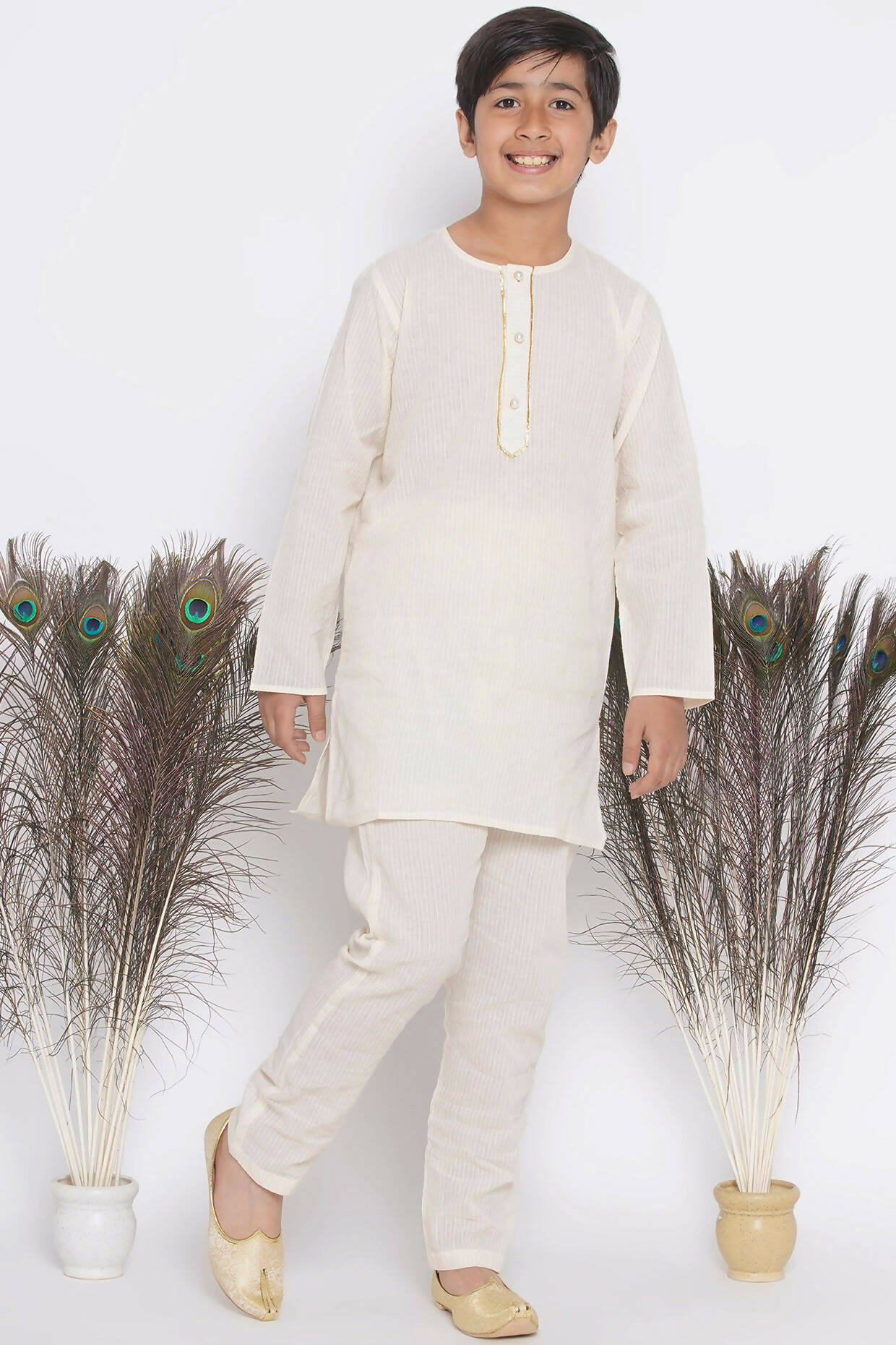 Little Bansi Banarsi Floral Embroidery Jacket with Cotton Kantha kurta and Kantha Pyjama - Cream