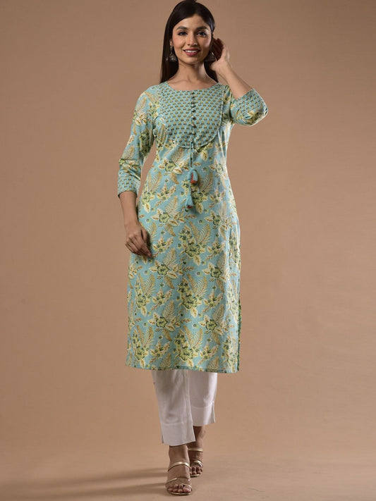 Swasti Women Green Floral Printed Flared Sleeves Mirror Work Floral Kurta