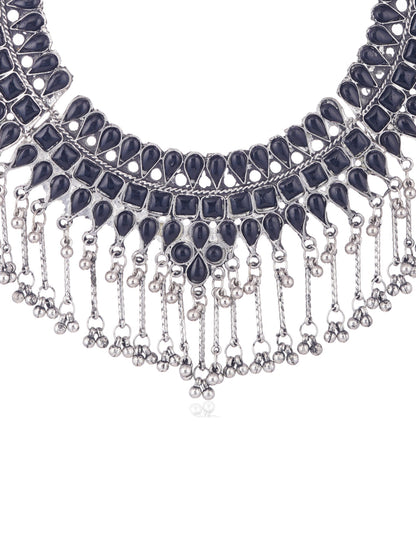 Cardinal Silver-Plated Black Stone Studded Jewellery Set