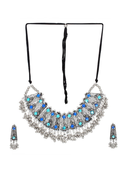 Cardinal Oxidised Silver-Toned & Blue Stones-Studded & Beaded Jewellery Set
