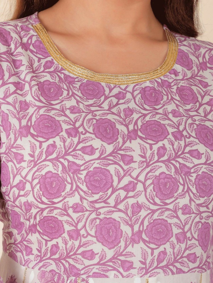 Aramya Anarkali Soft Cotton Floral Print Women's Kurta Set - White