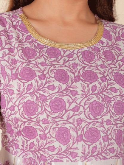 Aramya Anarkali Soft Cotton Floral Print Women's Kurta Set - White