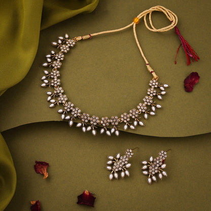 Tehzeeb Creations White Colour Pack of 1 Gold-Polished Choker Necklace Set With Earring For Women & Girls