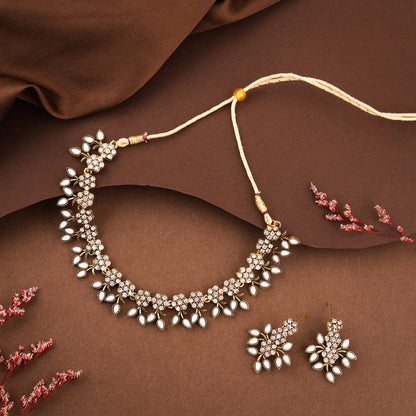 Tehzeeb Creations White Colour Pack of 1 Gold-Polished Choker Necklace Set With Earring For Women & Girls
