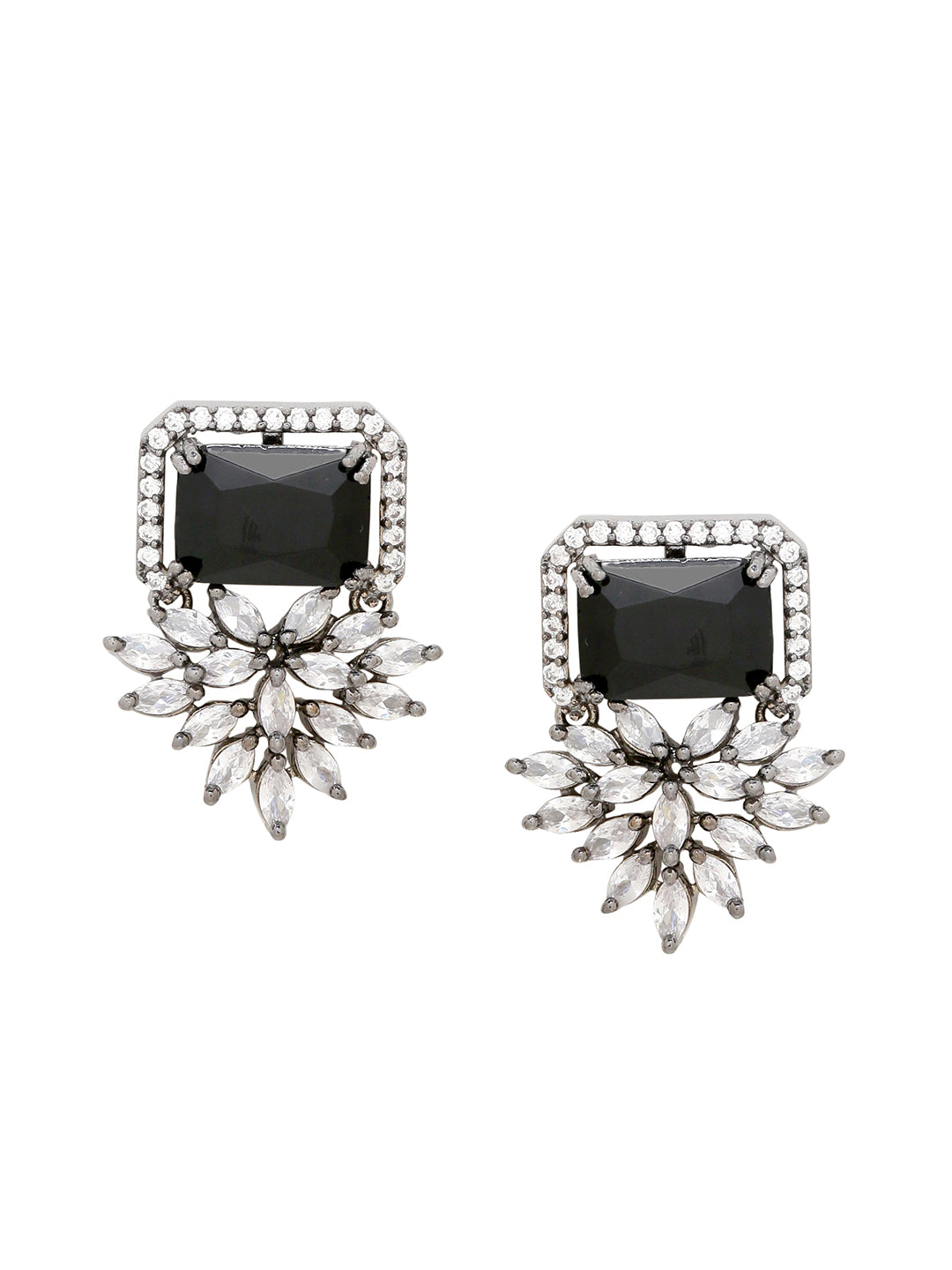 Shoshaa Silver-Plated & Black CZ Studded Contemporary Drop Earrings