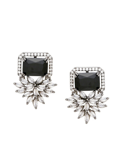 Shoshaa Silver-Plated & Black CZ Studded Contemporary Drop Earrings