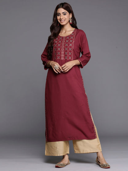 Indo Era Burgundy Embroidered Straight Kurta