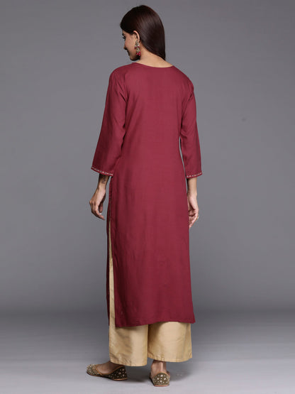Indo Era Burgundy Embroidered Straight Kurta