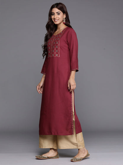 Indo Era Burgundy Embroidered Straight Kurta