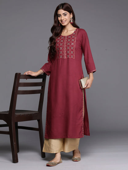 Indo Era Burgundy Embroidered Straight Kurta