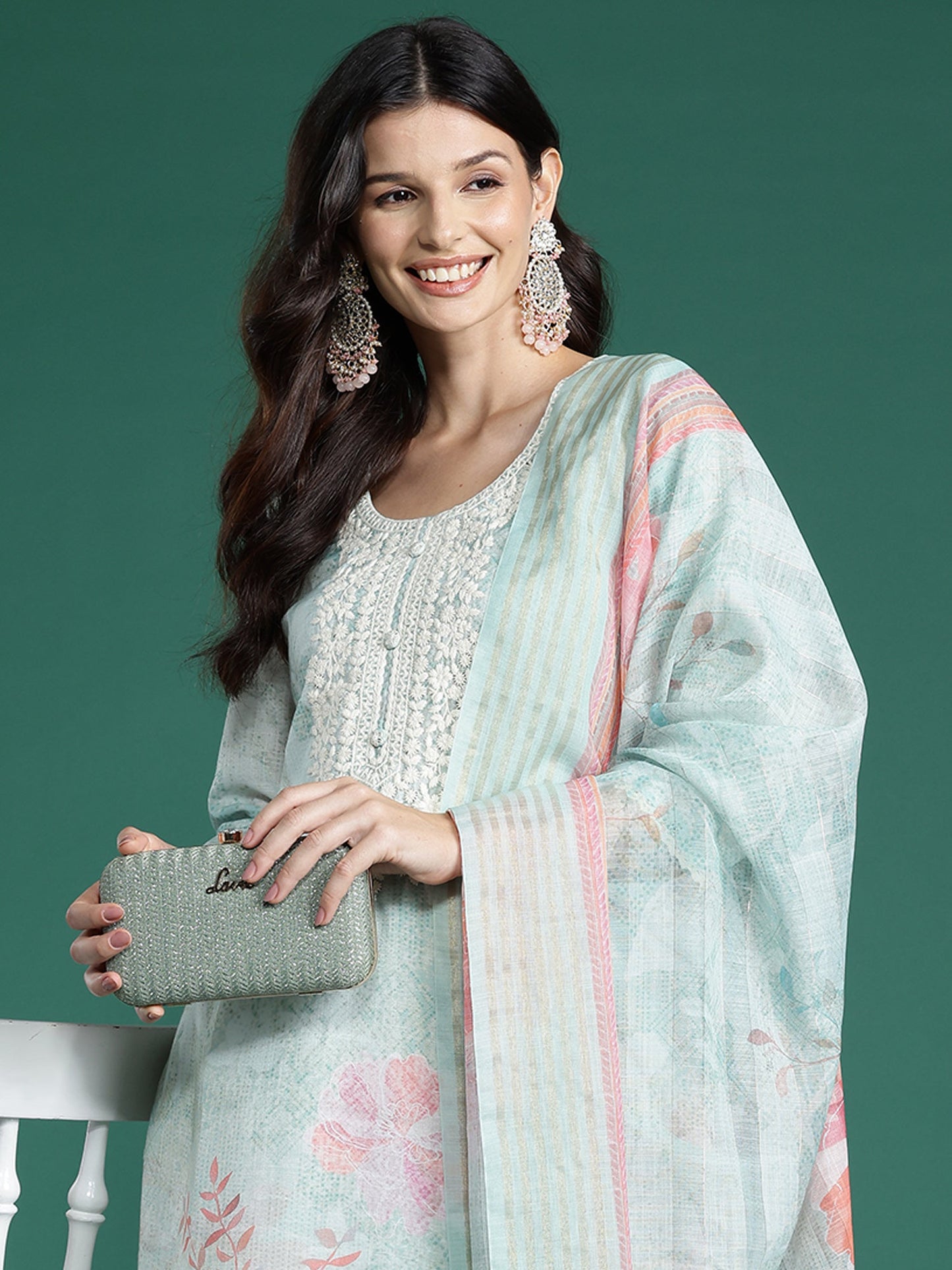 Indo Era Sea Green Printed Straight Kurta Trousers With Dupatta Set