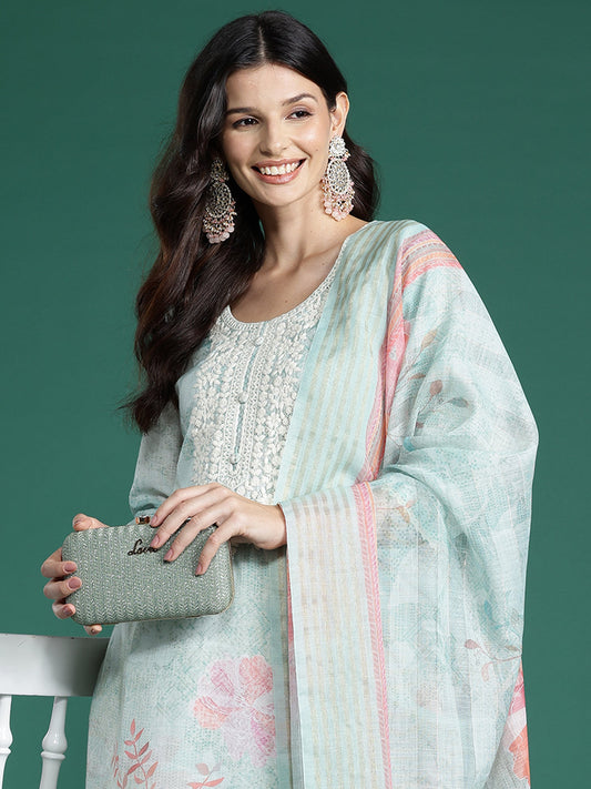 Indo Era Sea Green Printed Straight Kurta Trousers With Dupatta Set