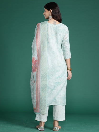Indo Era Sea Green Printed Straight Kurta Trousers With Dupatta Set