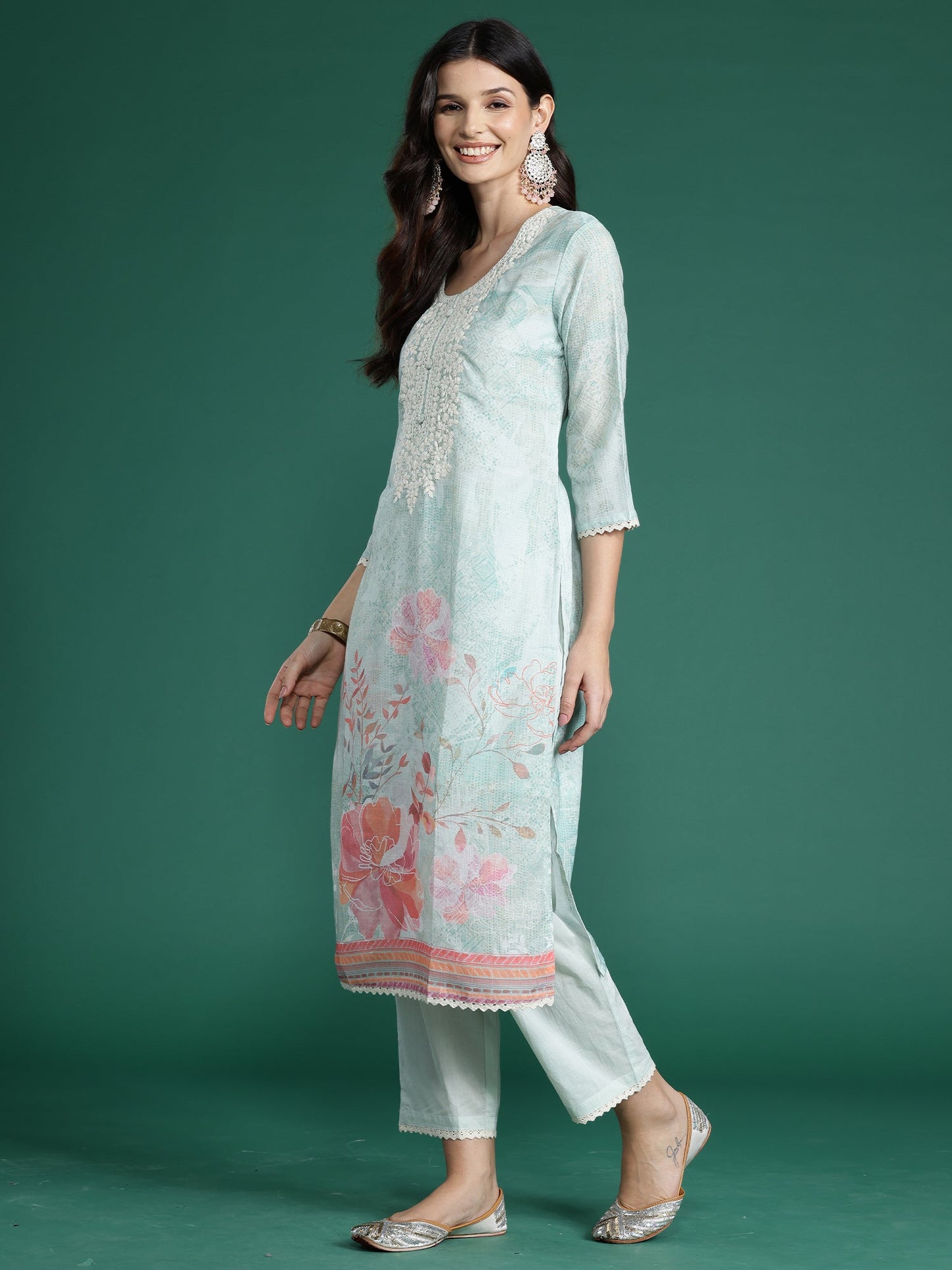 Indo Era Sea Green Printed Straight Kurta Trousers With Dupatta Set