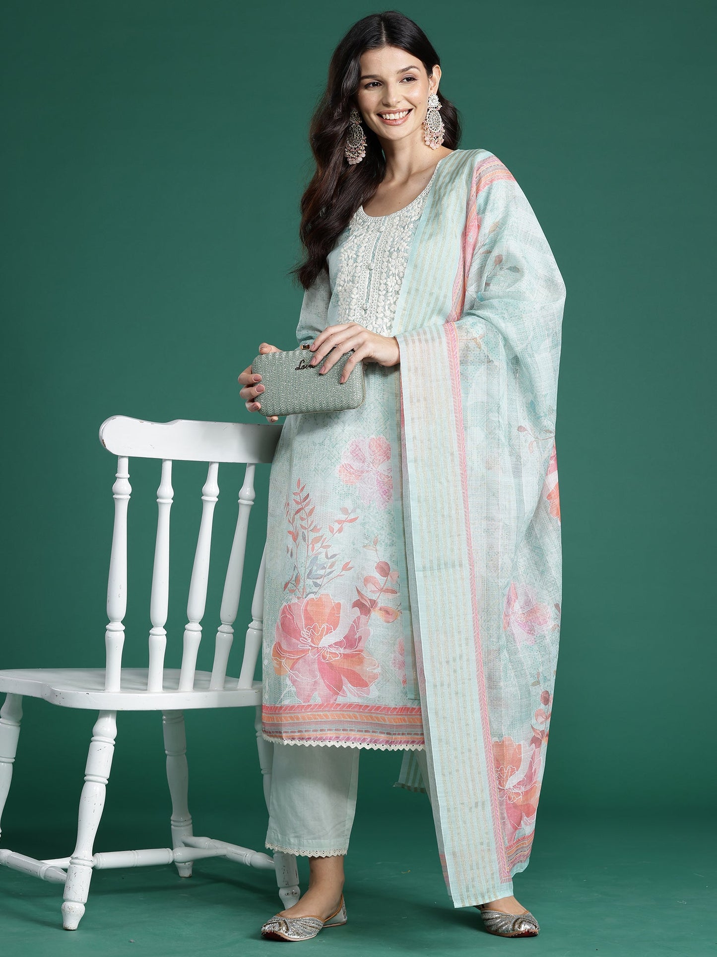 Indo Era Sea Green Printed Straight Kurta Trousers With Dupatta Set