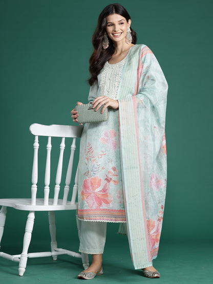 Indo Era Sea Green Printed Straight Kurta Trousers With Dupatta Set