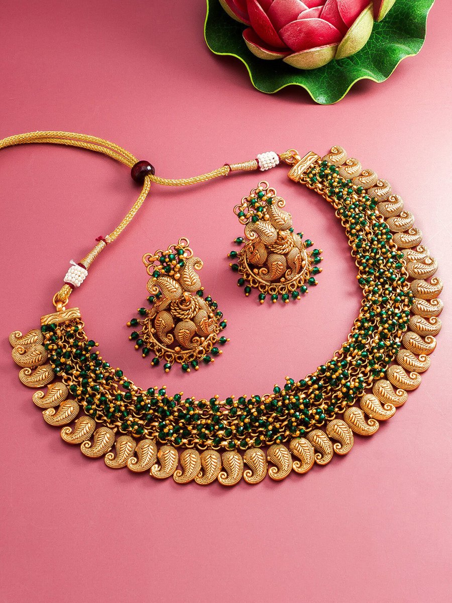 Aadita Gold-Polished Green Pearls Beaded Choker Jewellery Set