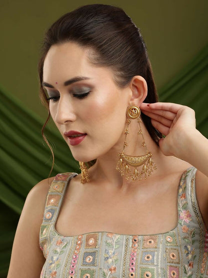 Kundan Antique Finish Chandelier Earrings - Ruby Raang