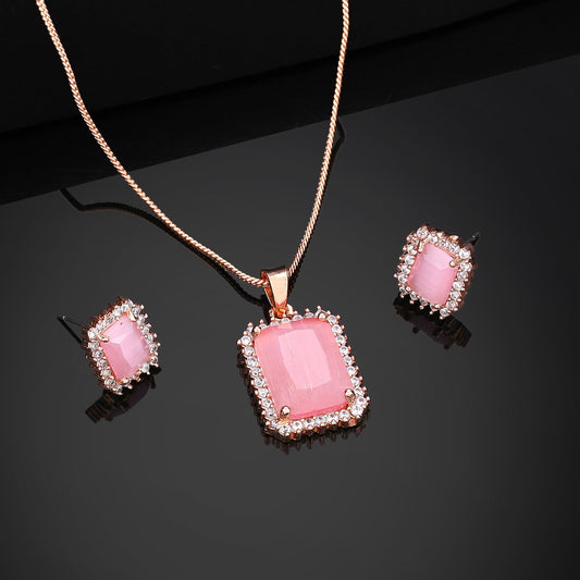 Estele Rose Gold-Polished CZ Attractive Square Designer Pendant Set with Mint Pink Crystals for Women