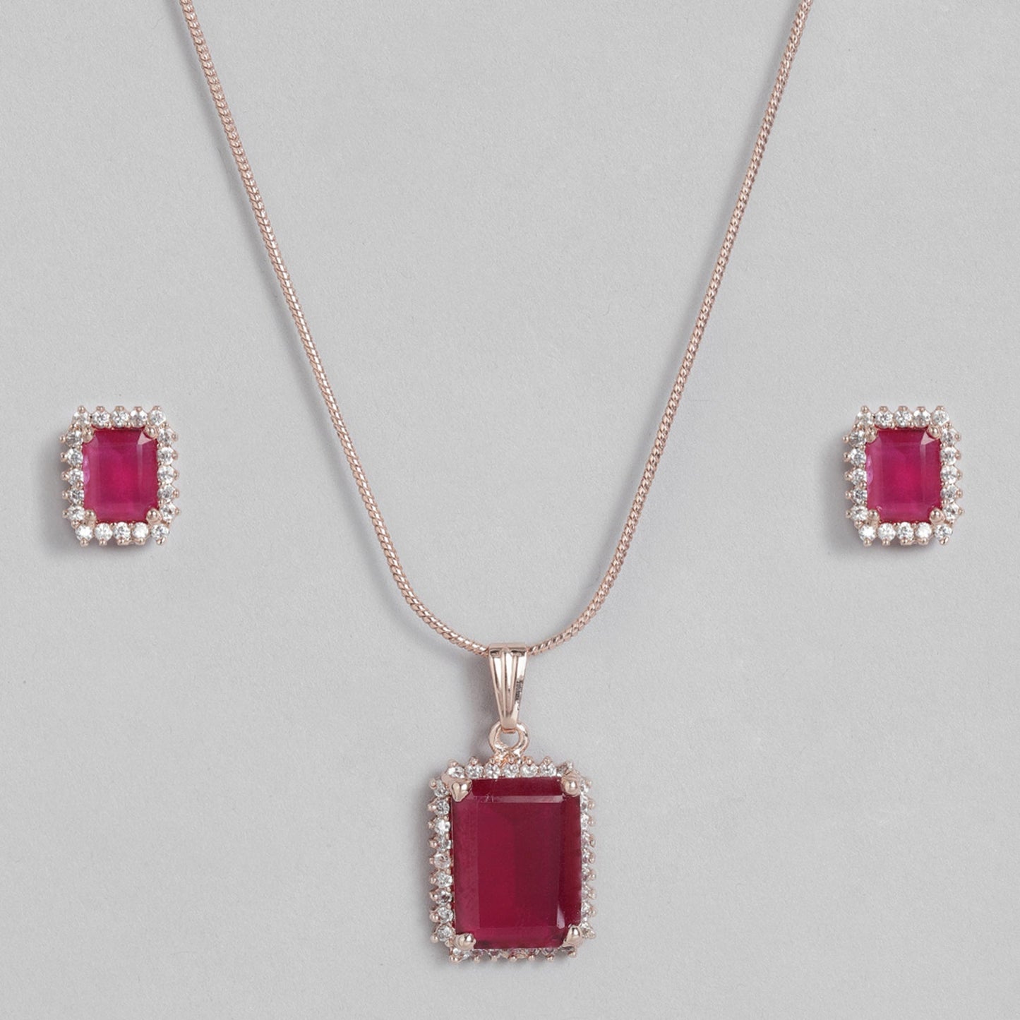 Estele Rose Gold-Polished Stylish Square Pattern Pendant Set with Ruby American Diamonds for Girls & Women
