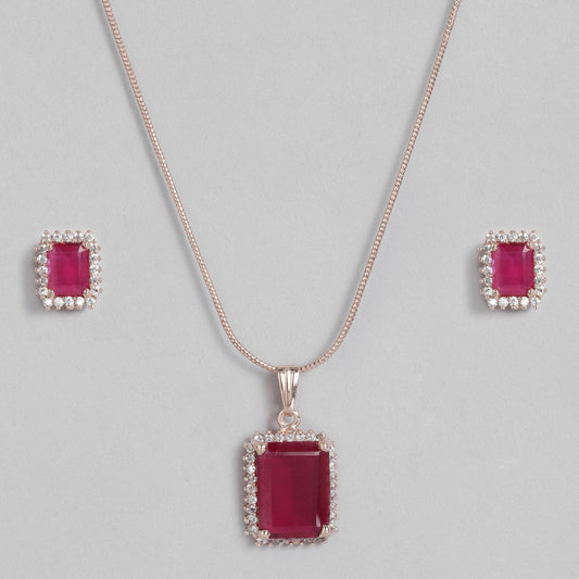 Estele Rose Gold-Polished Stylish Square Pattern Pendant Set with Ruby American Diamonds for Girls & Women
