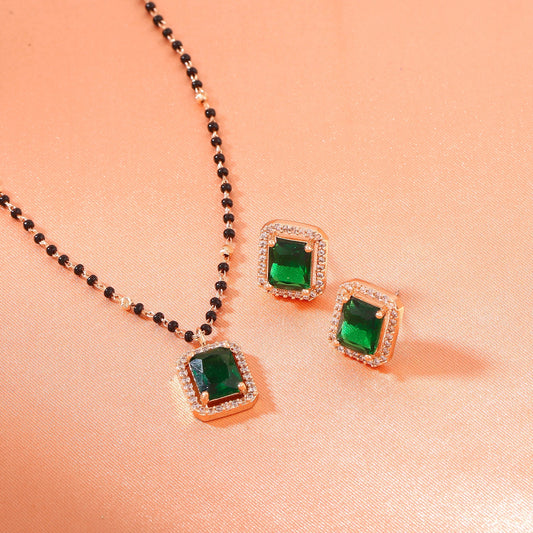 Estele Rose Gold-Polished CZ Square Designer Mangalsutra Necklace Set with Emerald Stones for Women