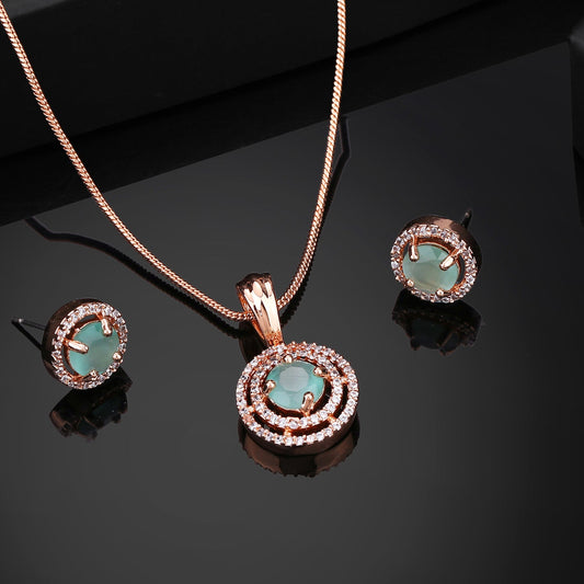 Estele Rose Gold-Polished CZ Circular Designer Pendant Set with Mint Green Stones for Women
