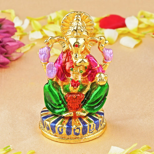 Estele Gold-Polished Spiritual Lord Ganesha Idol with multi-color Stone Type:Enamel for Gifts & HouseWarming/Home/Office Decors