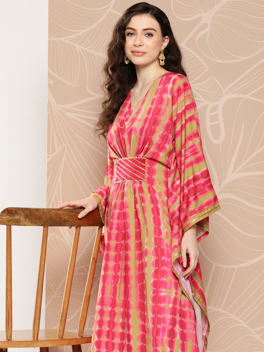 Ahalyaa Women Printed Flared Sleeves Gotta Patti Belted Detail Crepe Kaftan Kurta