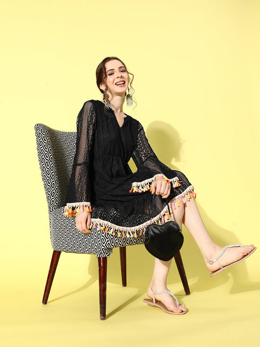 InWeave Women's Black Lacy Dress With Tassles