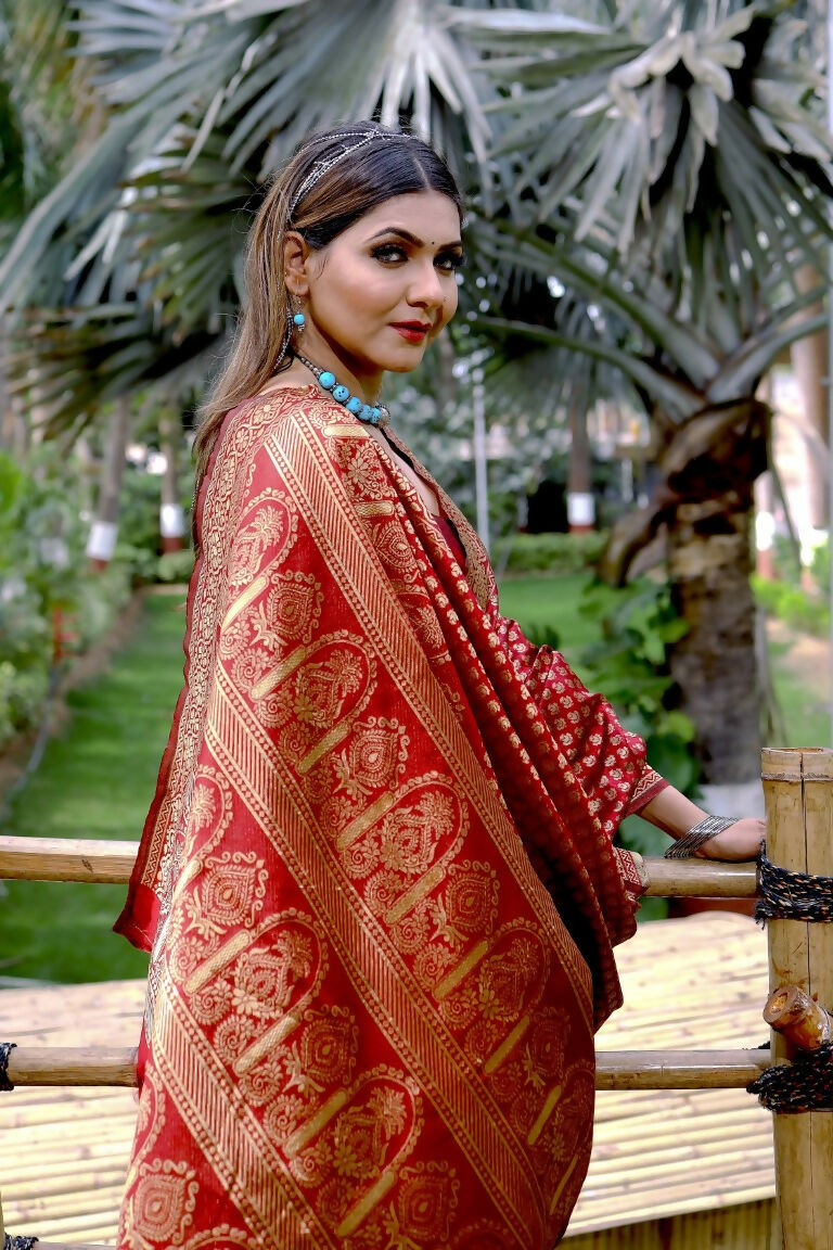 Partywear Designer Red Banarasi Silk Fancy Saree - Starwalk