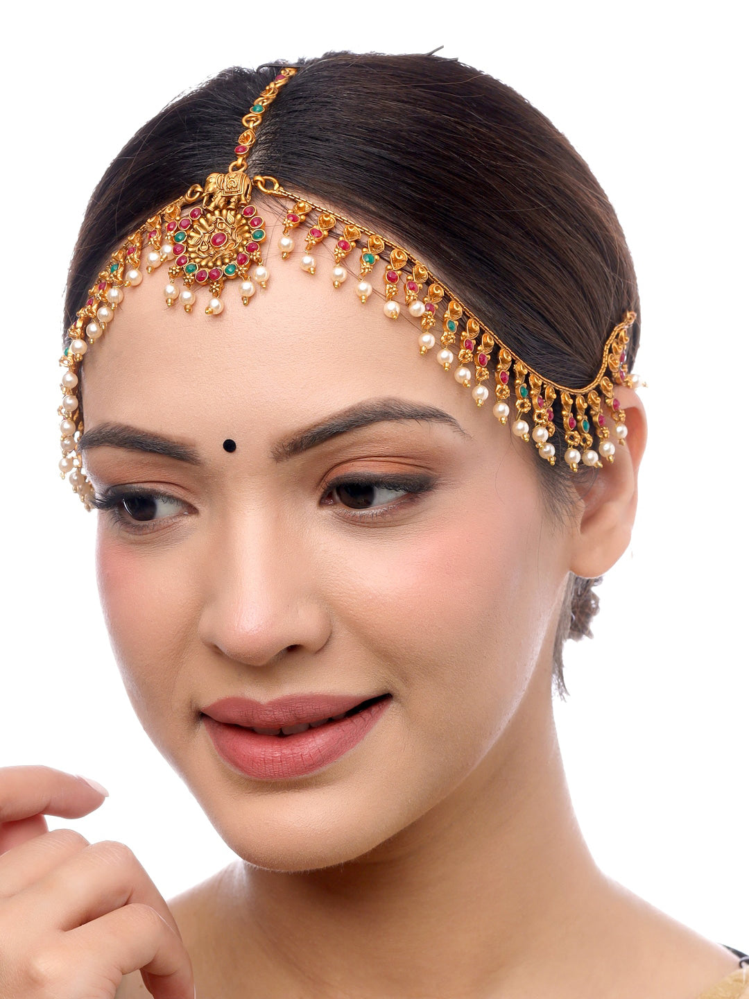Yellow Chimes Women Gold-Polished,Maroon,Green White Pearl Hanging Bridal Mathapatti