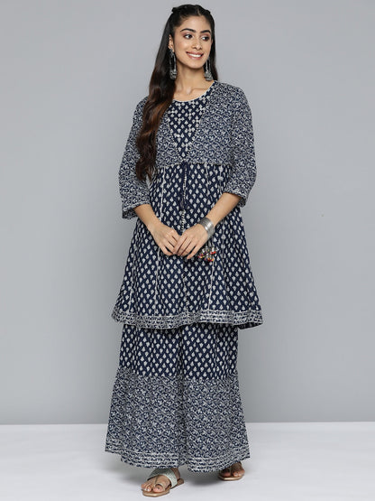 HERE&NOW Ethnic Motifs Printed Layered Gotta Patti Pure Cotton Kurta with Sharara